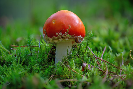 single fly agaric on the forest floor between green mossの写真素材