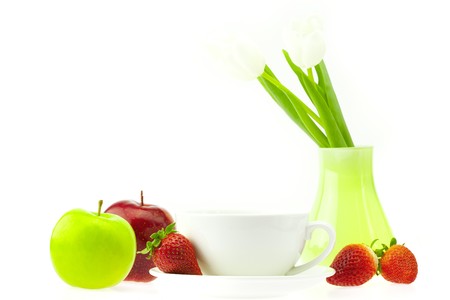 still life of flowers and fruits isolated on whiteの写真素材