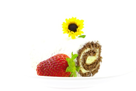 sweet roll strawberry and flower isolated on whiteの写真素材
