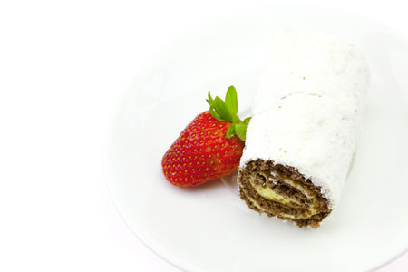sweet rolls and strawberries isolated on whiteの写真素材