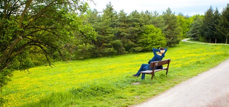 male resting on the bench on the field of dandelionsの写真素材