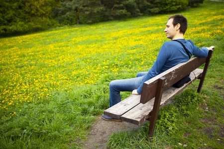 male resting on the bench on the field of dandelionsの写真素材