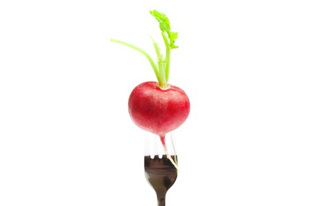 radishes on a fork isolated on whiteの写真素材