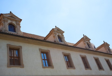 tiled roofs against the skyの写真素材