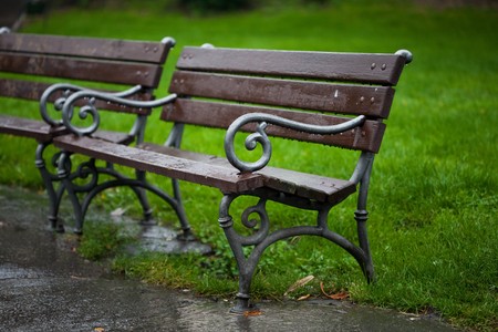 wet benches in the park on rainの写真素材