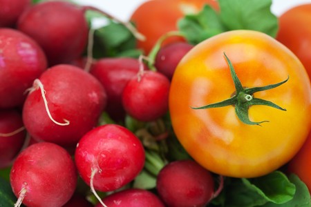 radish, cucumber and tomato isolated on whiteの写真素材