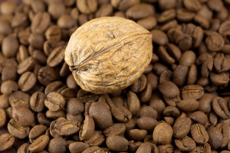 background of the coffee beans and walnutsの写真素材