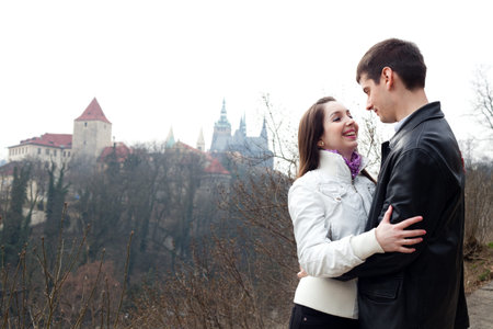 beautiful young love couple in city Pragueの写真素材