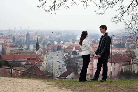 beautiful young love couple in city Pragueの写真素材