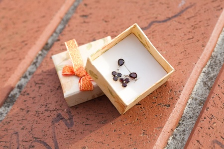 small box with a  garnet earrings outdoorの写真素材