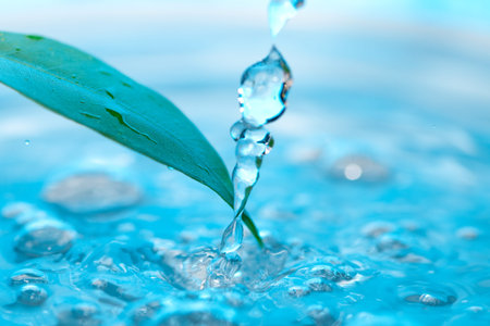 water drop and green leaves on a blue background