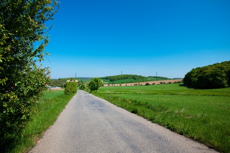 road and a meadow with trees against the blue skyの写真素材