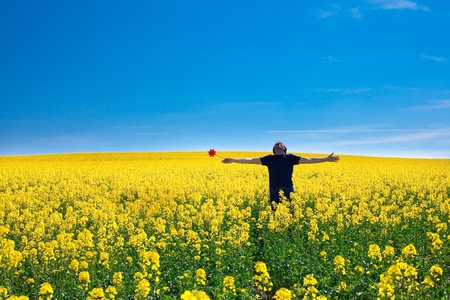 man with pinwheel standing in a field of yellow rape against the blue skyの写真素材