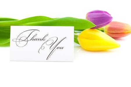 colorful tulips and a card signed thank you isolated on whiteの写真素材
