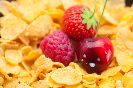strawberry,raspberry,cherry,milk and flakes in a bowlの写真素材