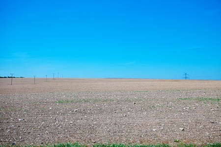 meadow and power line against the blue skyの写真素材