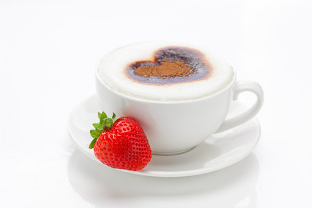 cappuccino in a cup in the shape of hearts and strawberries isolated on whiteの写真素材