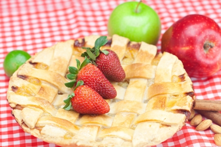 apple pie, apple, lime, cinnamon and strawberry on plaid fabricの写真素材