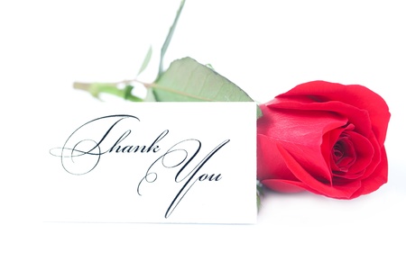 beautiful red rose and a card with the words thank you isolated on whiteの写真素材