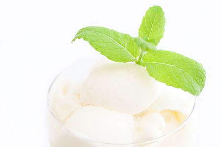 ice cream with mint in a glass bowlの写真素材