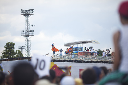 VARNA - JULY 2: A competitor is jumping an improvised aircraft in the sea during the Red Bull Flugtag on July 2 , 2016 in Varna, Bulgariaのeditorial素材
