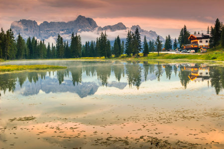 Majestic sunset in the Dolomites.Lago di Antorno,Italyのeditorial素材