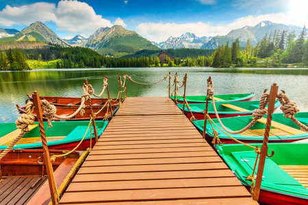 Wonderful mountain lake in National Park High Tatra,Strbske Pleso,Slovakiaの写真素材