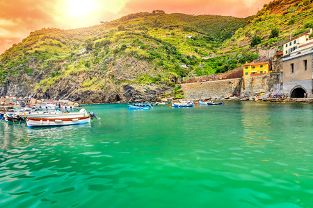 Amazing sunset and fishing harbor with boats,Vernazza village,Cinque Terre,Italy,Europeのeditorial素材