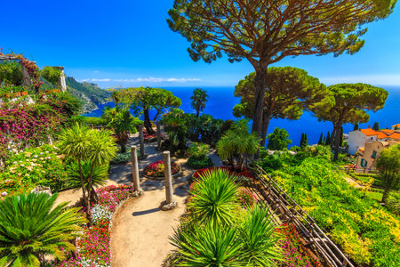 Romantic walkway and ornamental garden with colorful flowers,Villa Rufolo,Ravello,Amalfi coast,Italy,Europeの写真素材