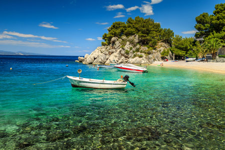 Stunning summer landscape with Adriatic Sea and majestic bay on Brela resort,Makarska...