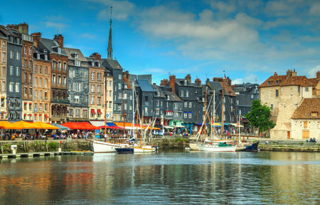 Spectacular famous harbor skyline and water with boats,Honfleur,Normandy,France,Europeの写真素材