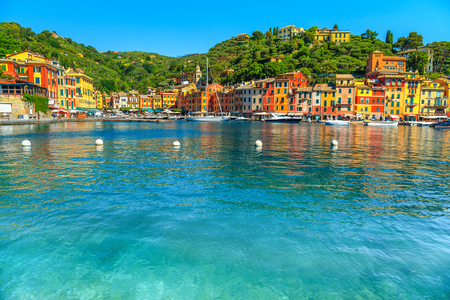 Beautiful Portofino cityscape, best touristic Mediterranean place with typical colorful buildings and famous luxury harbor, Portofino, Liguria, Cinque Terre, Italy, Europeの写真素材