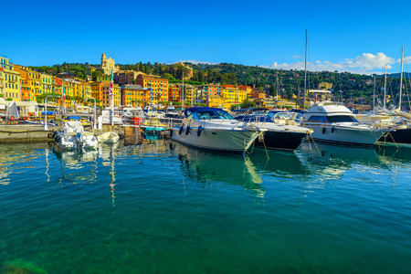 Amazing mediterranean harbor and cityscape with luxury boats. Expensive yachts and colorful mediterranean buildings, Santa Margherita Ligure, Liguria, Italy, Europeの写真素材