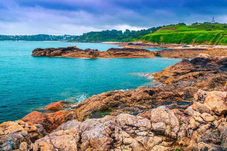 Amazing summer landscape, stunning ocean coastline with colorful granite rocks and fantastic beach,...