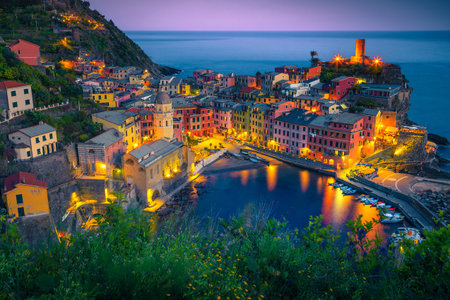 Picturesque touristic village on the hill with colorful mediterranean buildings. Well known travel...