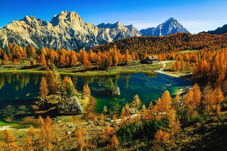 Picturesque colorful autumn forest with amazing alpine lake. Colorful larches and small cute house on the shore of the lake Federa, Dolomites, Italy, Europeの写真素材