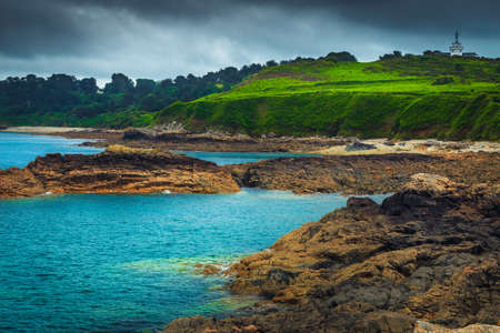 Famous pink granite coast near Ploumanach resort, Perros Guirec, Brittany, France, Europeの写真素材