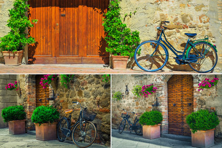 Collage of retro bicycles and flowery tuscan street concept, Italy, Europeの写真素材