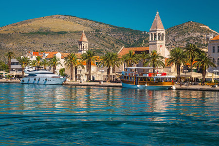 Amazing view with luxury yacht and old ship in the touristic harbor. Spectacular waterfront...