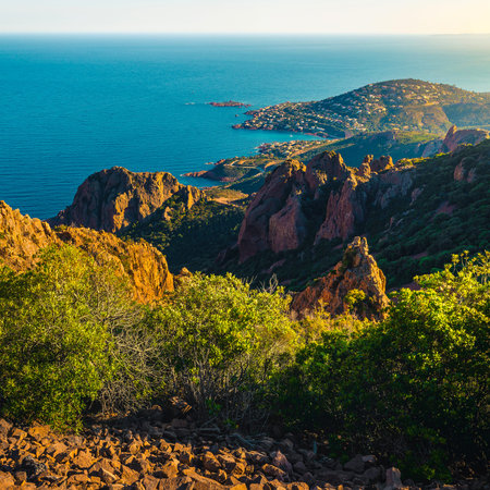 One of the most visited mountain peak near Cannes, Pic du Cap Roux. Beautiful red rock formations and sea view from the peak, Esterel massif, near Saint-Raphael, Frejus, France, Europeの写真素材