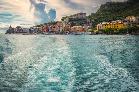Amazing mediterranean resort and tourist destination with colorful seaside buildings in the harbor of Porto Venere, Cinque Terre, Liguria, Italy, Europeの写真素材