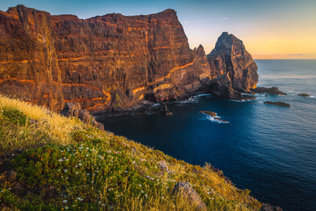 One of the most famous and visited hiking destination on the Sao Lourenco peninsula. Picturesque view from the peninsula with Atlantic Ocean at sunrise, Madeira Island, Portugal, Europeの写真素材