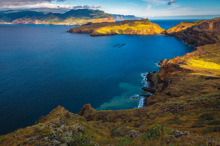 Great hiking destination on the Sao Lourenco peninsula. Beautiful view from the peninsula with Atlantic Ocean at sunrise, Madeira Island, Portugal, Europeの写真素材
