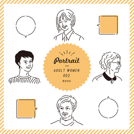 Vector hand drawn doodle illustration of people avatars set(mono).
Portrait illustration set of elderly woman (monochrome)のイラスト素材