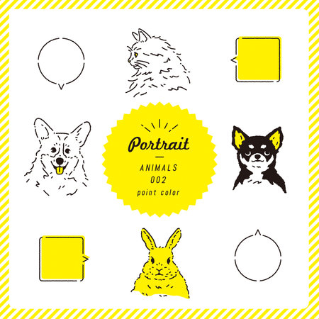 Vector set of hand drawn doodle animal icons. Cute dog, bunny, cat, circle, speech bubble(color).
Animal portrait illustration set (color)のイラスト素材