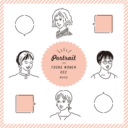 Vector set of people avatars. Hand drawn male and female avatars(mono).
Young woman portrait illustration set (monochrome)のイラスト素材