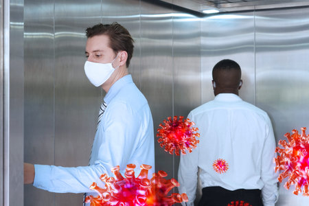 Social distancing in elevators coronavirus outbreak people stay in their zone not face each other....