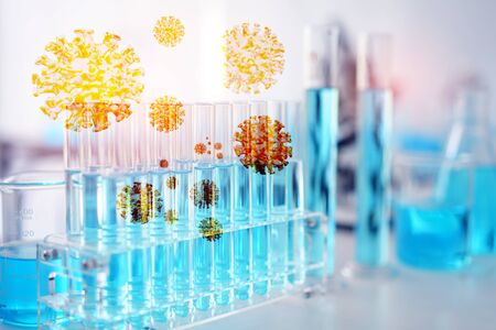 Research Test tube in scientist in laboratory, chemical liquid to test tubes, science and medical research and development conceptの写真素材