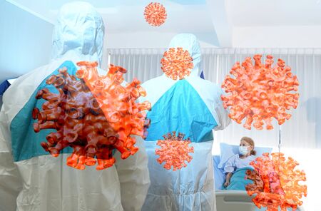 covid 19 coronavirus disease control experts and doctor treating infected patient serious cases covid 19 coronavirus and keep vital organ systems functioning, dangerous work in quarantine room,coronavirus outbreak controlの写真素材