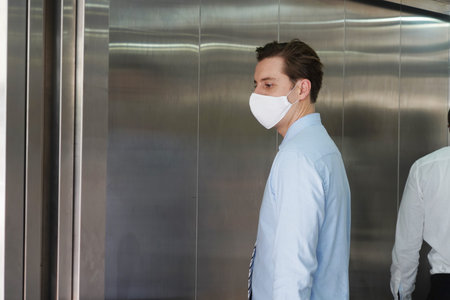 Social distancing in elevators virus outbreak people stay in their zone not face each other. six...